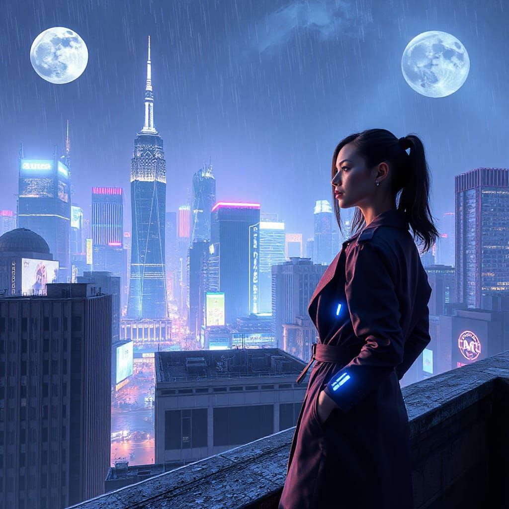 Cyberpunk Goddess Reigns Over a Futuristic Cityscape at Nigh...