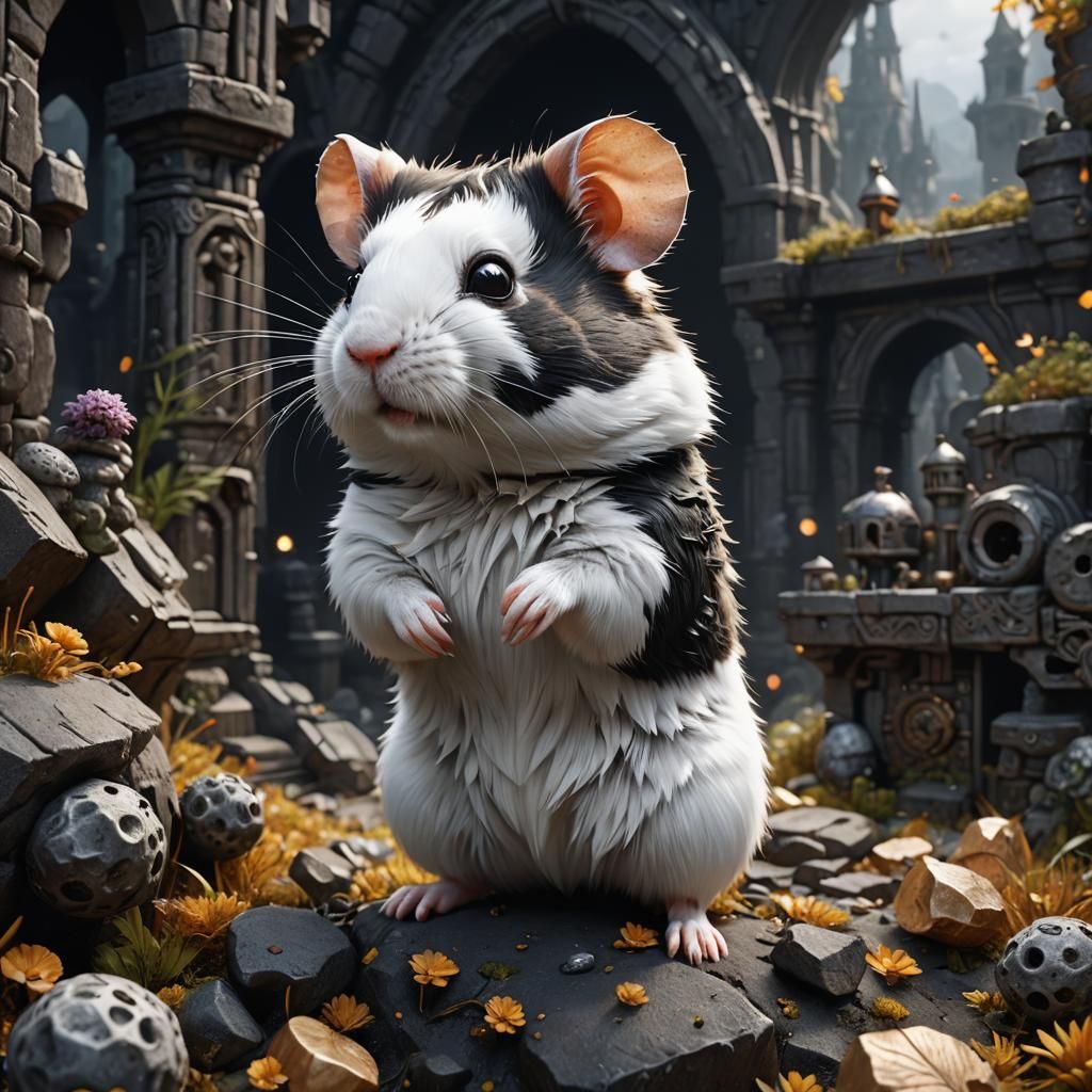 Detailed Black and White Hamster Digital Painting