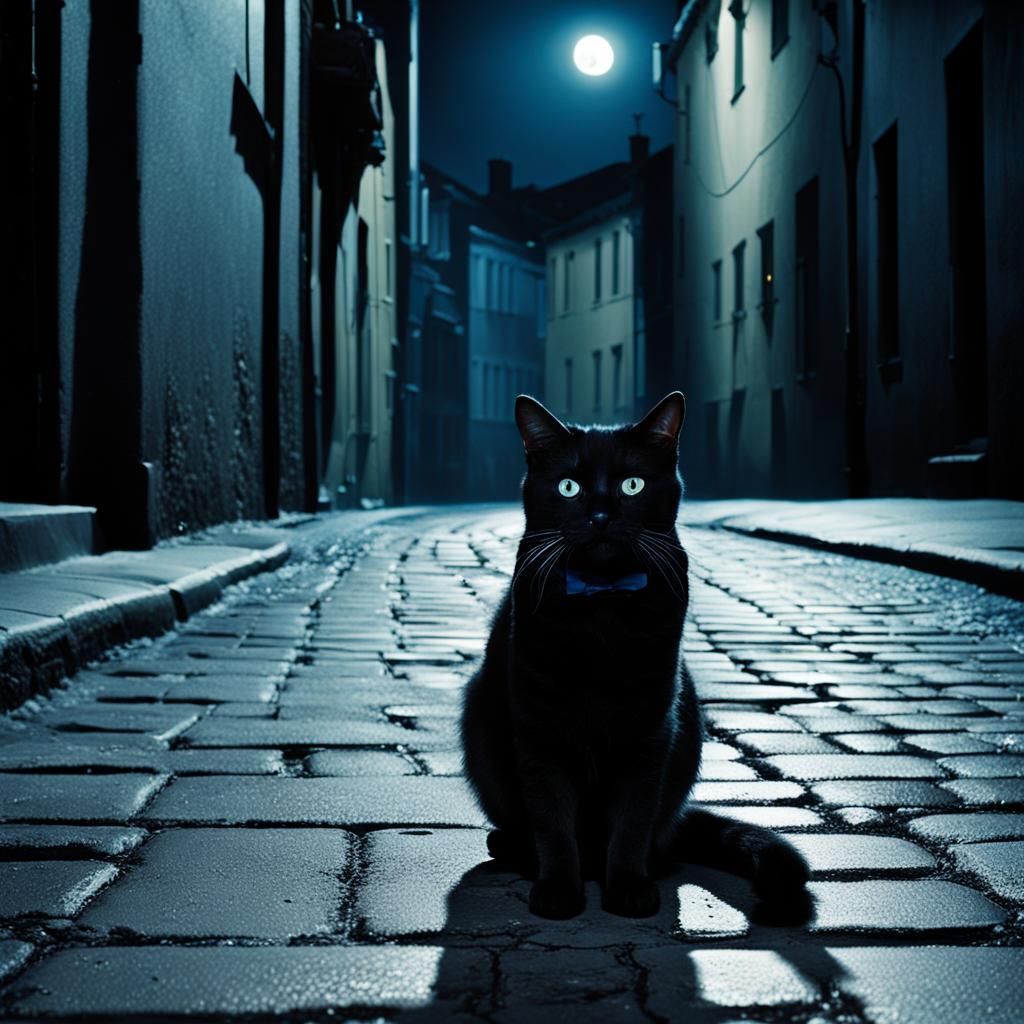 Film Noir Cat in Moody Cityscape
