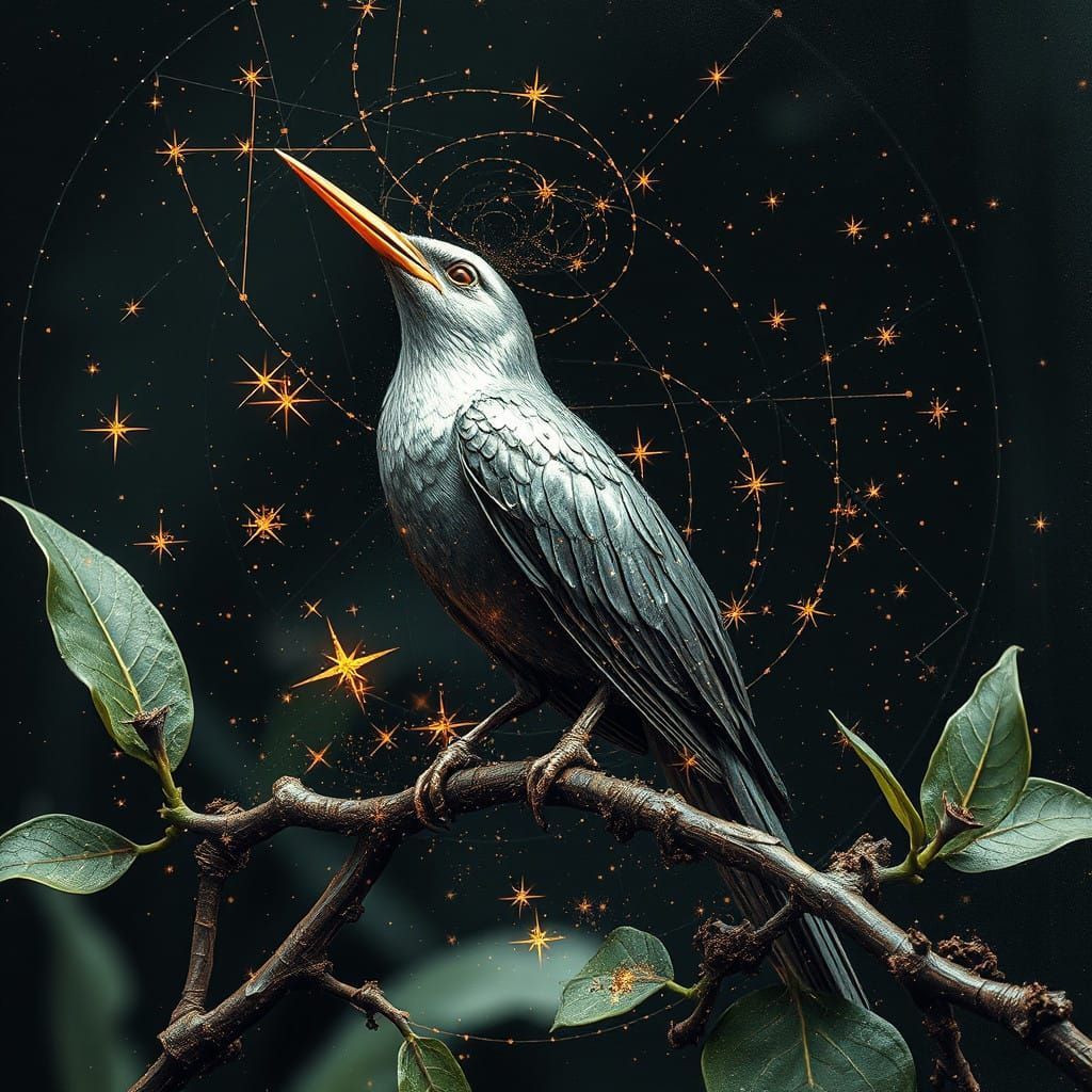Celestial Metallic Bird of Paradise in Glitch Art