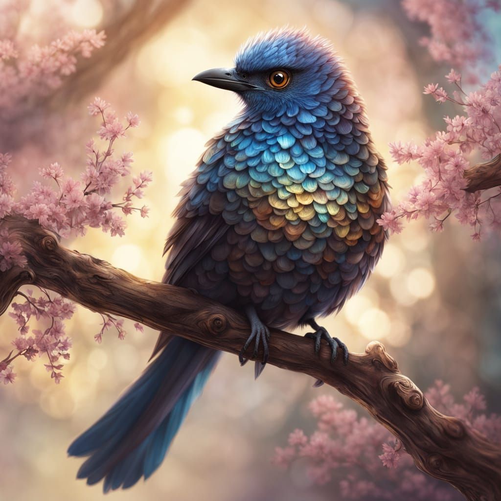 Ethereal Bird with Glowing Eyes on Branch