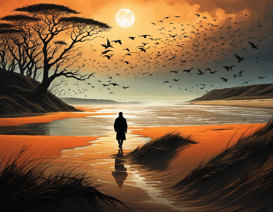 Wadden Sea Sunset: Dark Fantasy Illustration in Mignola Styl...