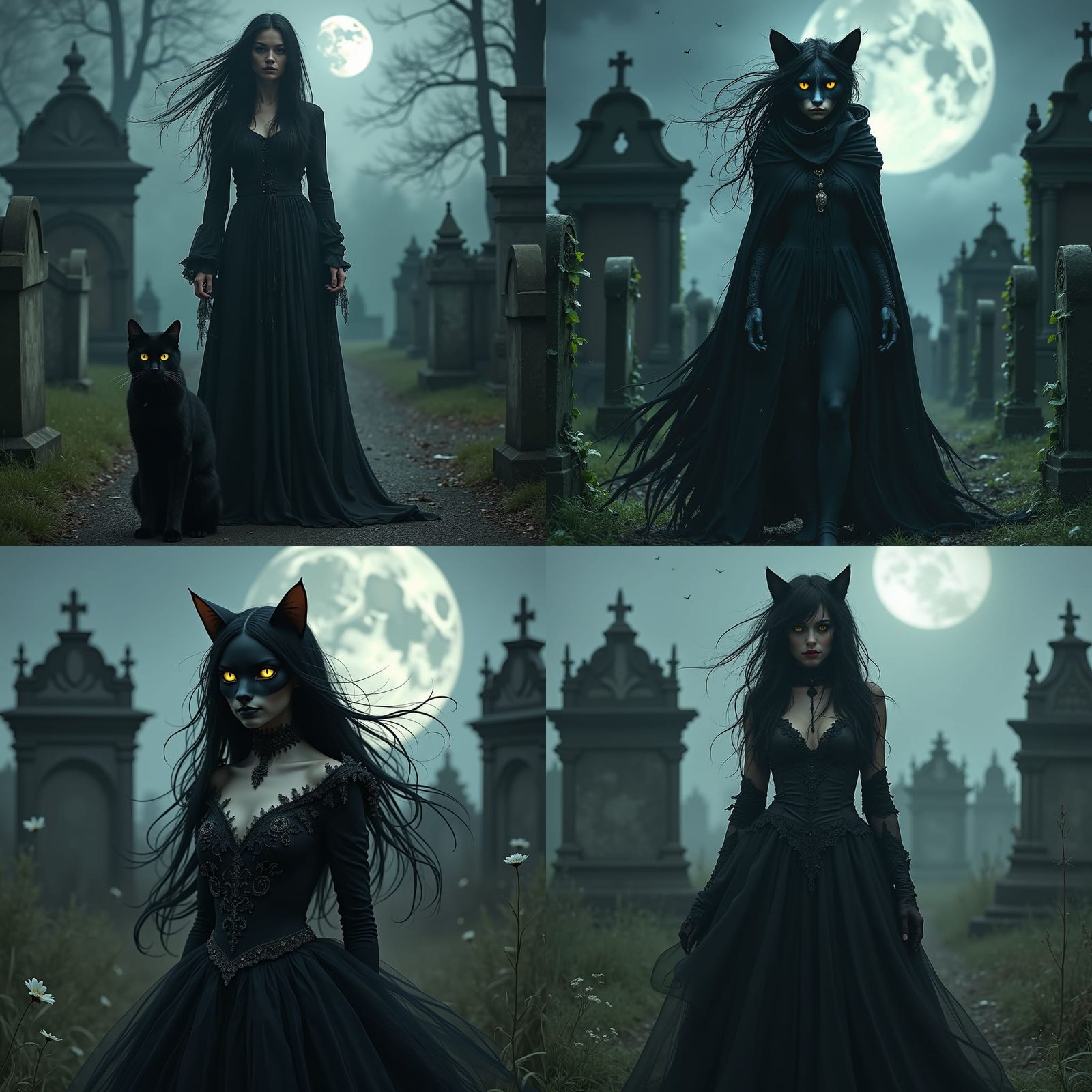 Enchanting Witch-Cat Hybrid in Graveyard Scene