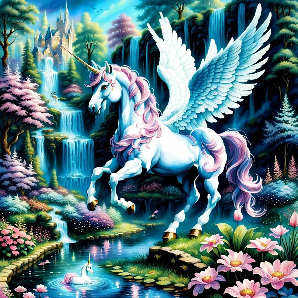 Unicorn-Pegasus in Magical Garden by Waterfall