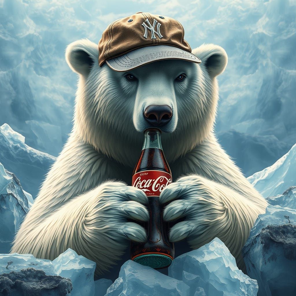 Regal Polar Bear in Yankees Cap and Coca Cola, Textured Digi...