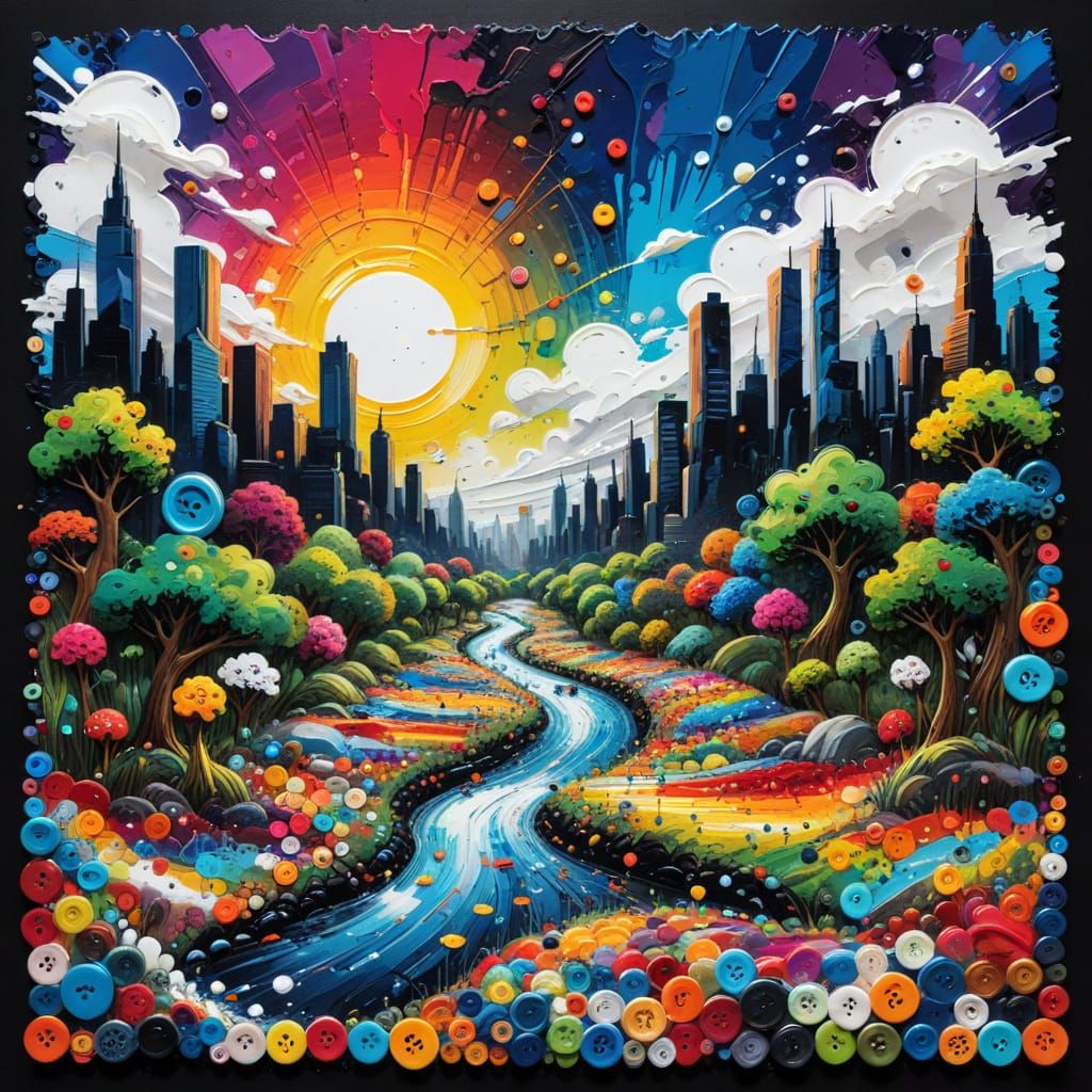 Sewing Button Landscape in Graffiti Art Style