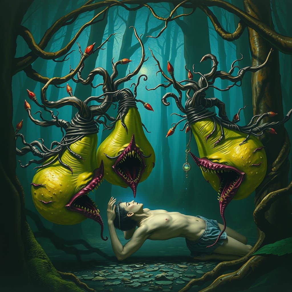 Carnivorous Pears Devouring Humans in Dark Forest