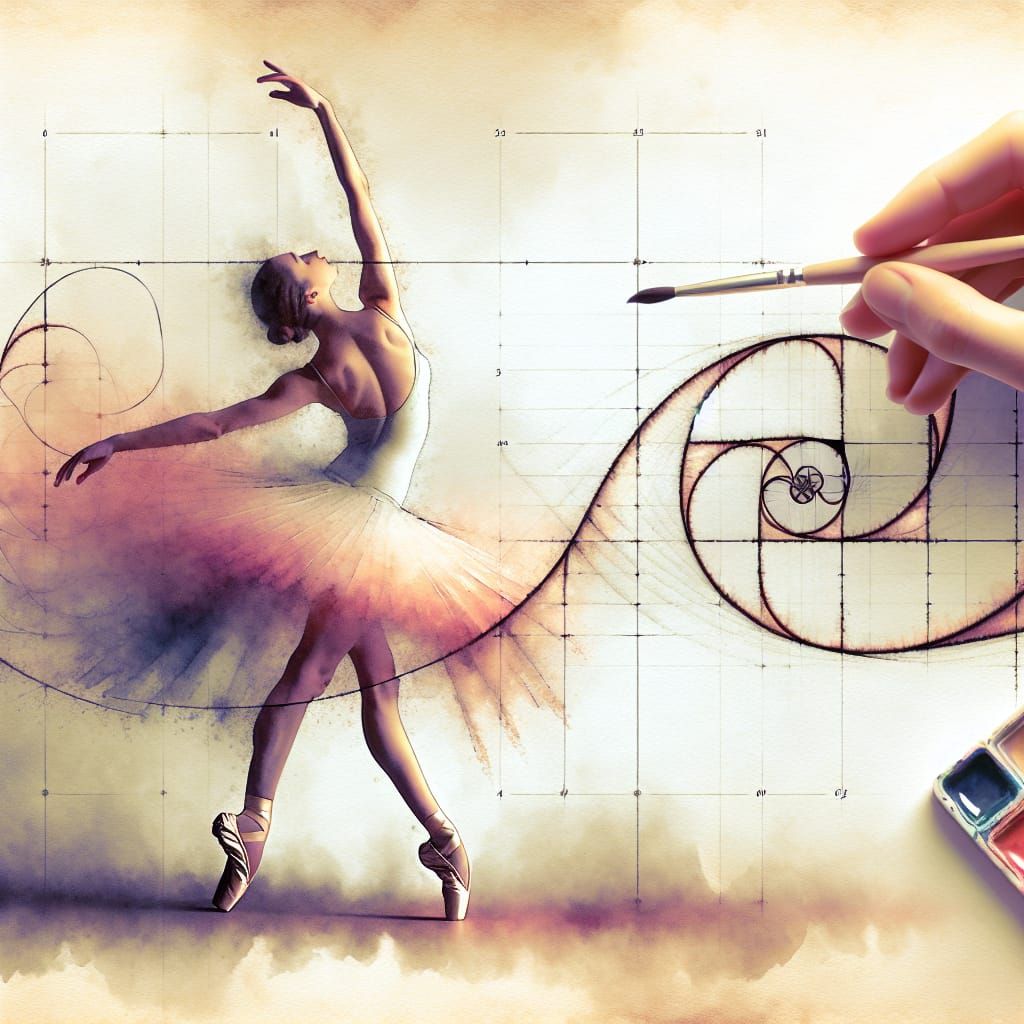 Ballerina in Fibonacci Spiral Watercolor Painting