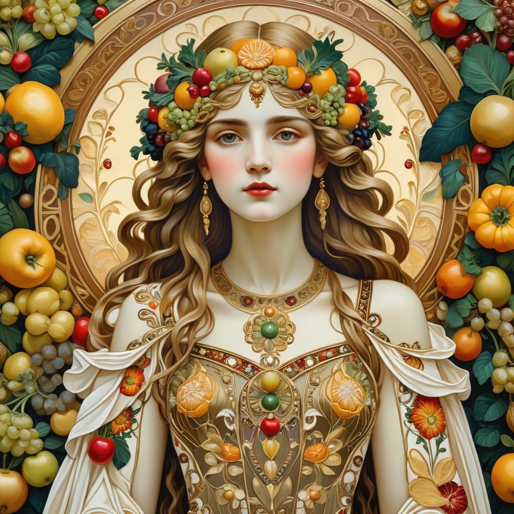 Virgo Goddess in Art Nouveau Oil Painting