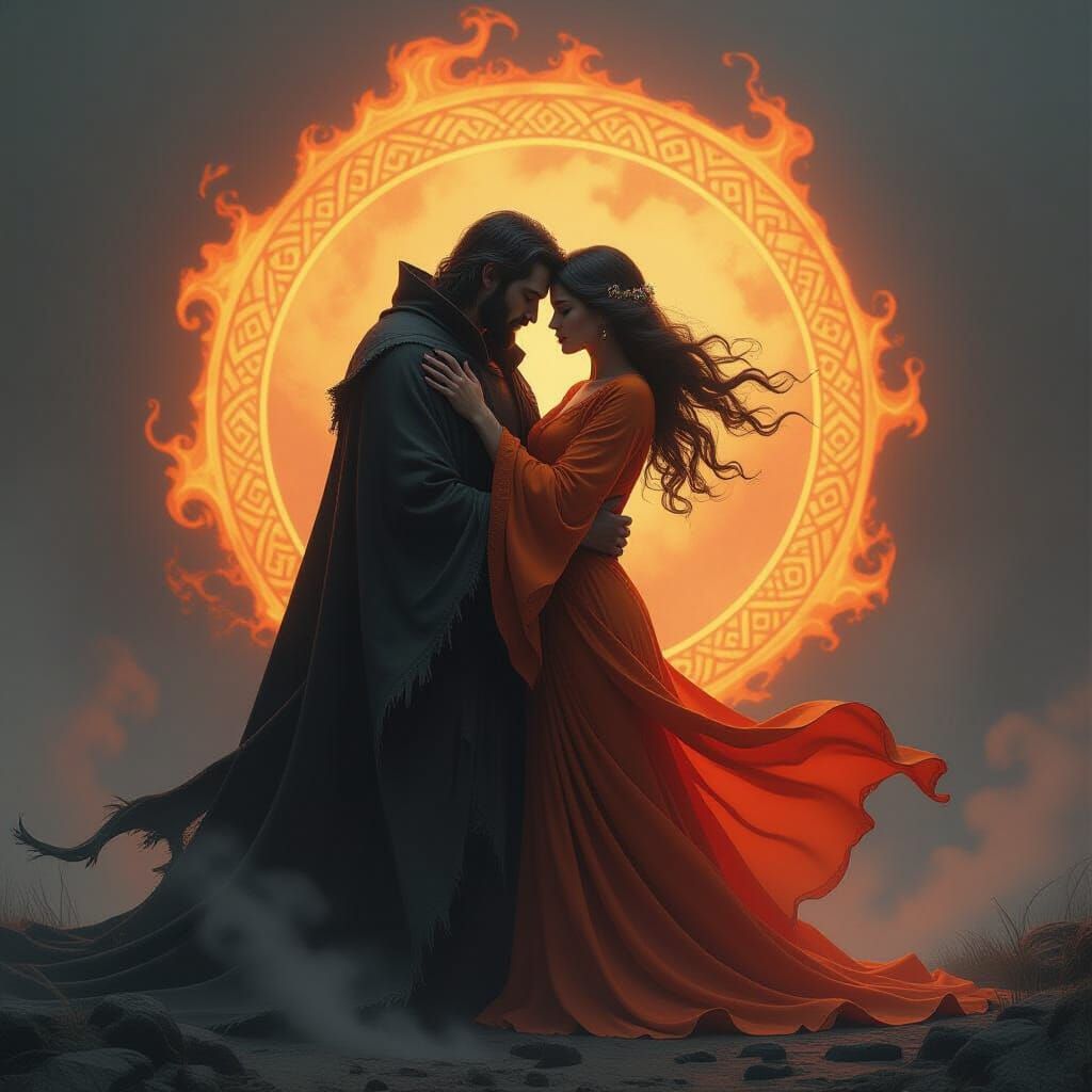 Fiery Woman Embraces Shadow Man in Yin-Yang Circle
