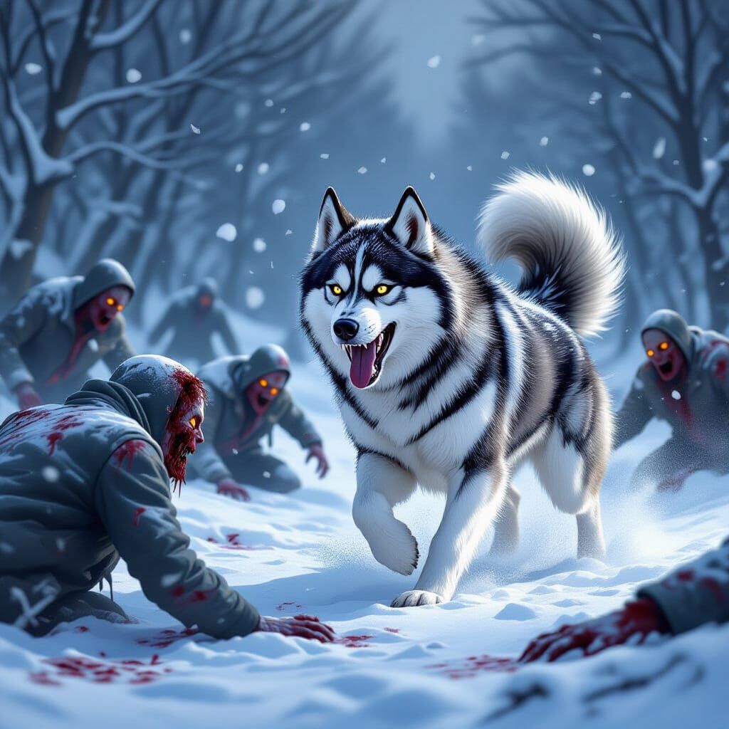Siberian Husky Fights Zombies in Snowy Concept Art