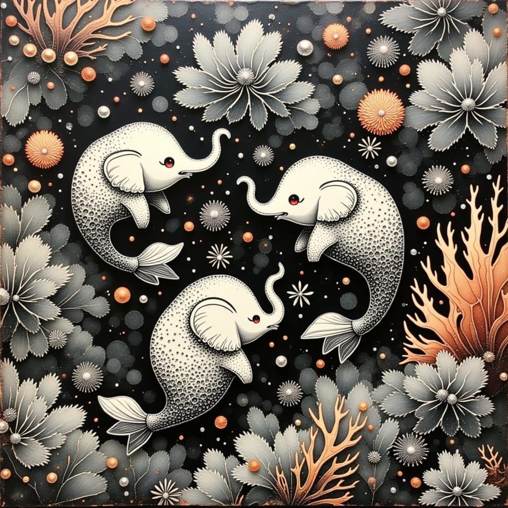 three cute black and white round, blob-shaped hybrid mermaid elephants with ocean tails, half mermaid half elephants, wi...