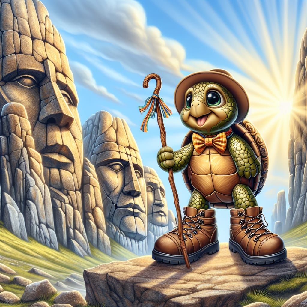 Adventurous Turtle Hiker Among Mountain Faces