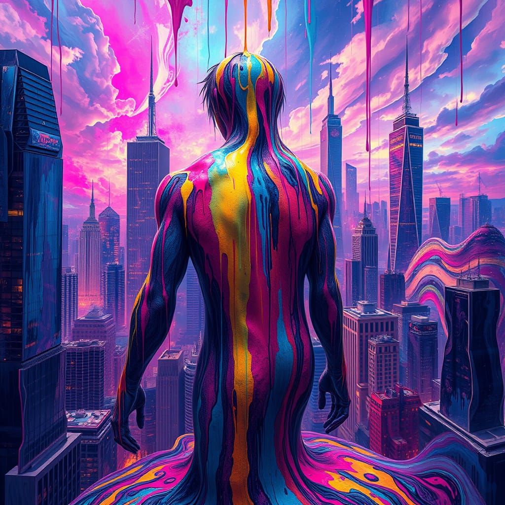 Hyper-Realistic Figure in a Melting Cityscape of Dripping Pa...