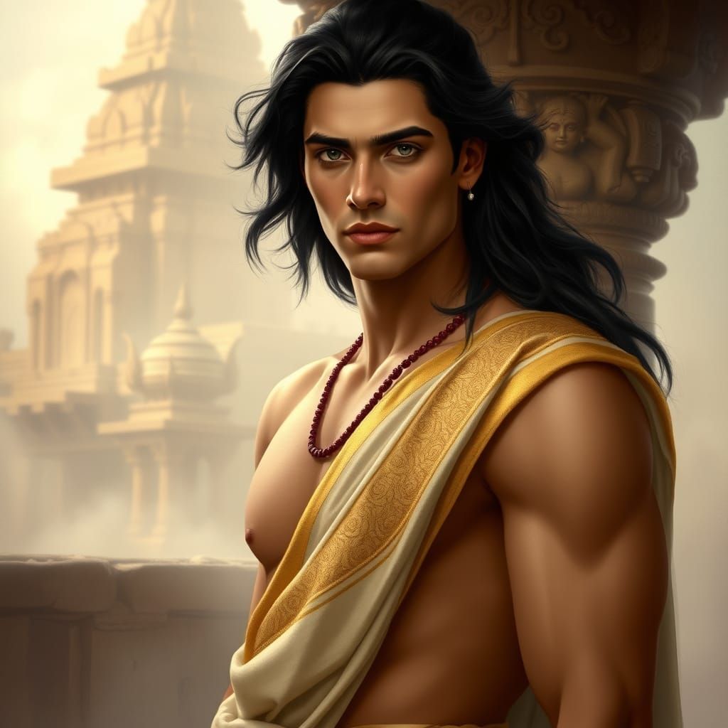 Greek Prince in Ancient Indian Temple Setting