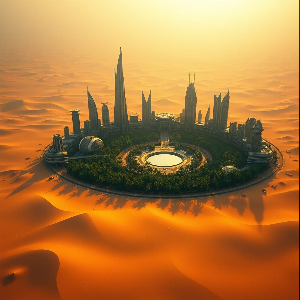 Futuristic Oasis Metropolis in Desert Landscape