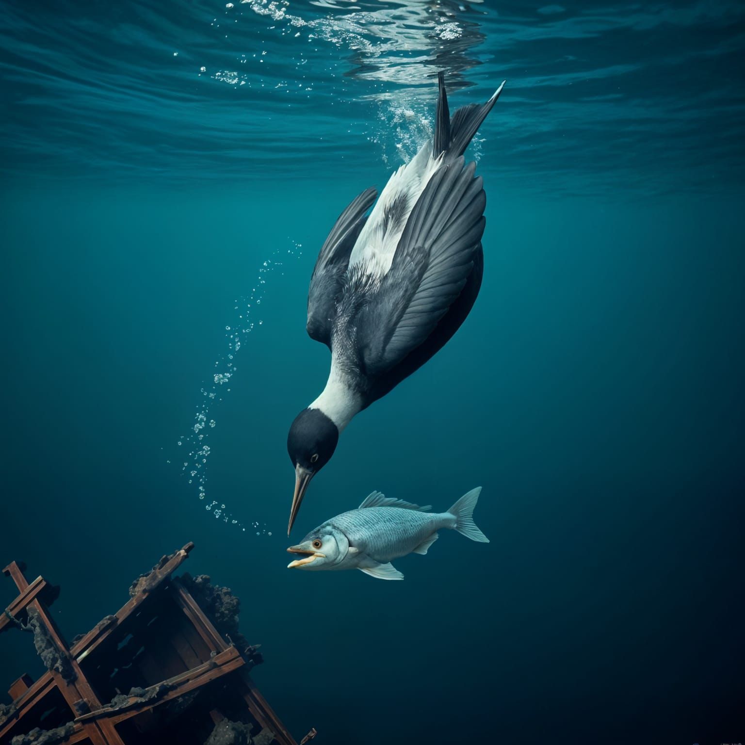Grebe Bird Diving Upside Down into Deep Blue Sea