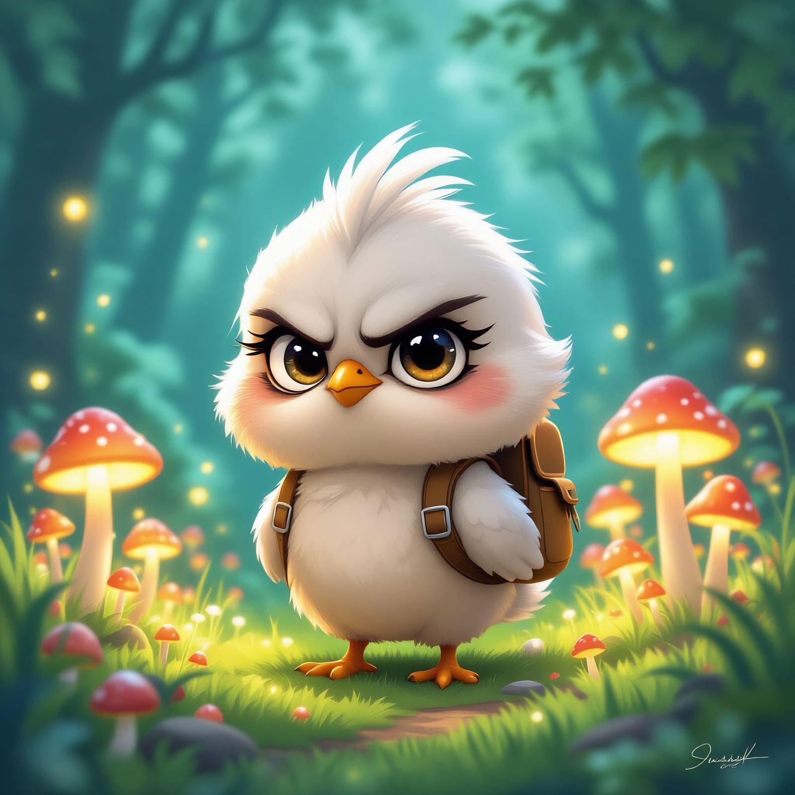Pixar-Style Grumpy Chick in Magical Forest