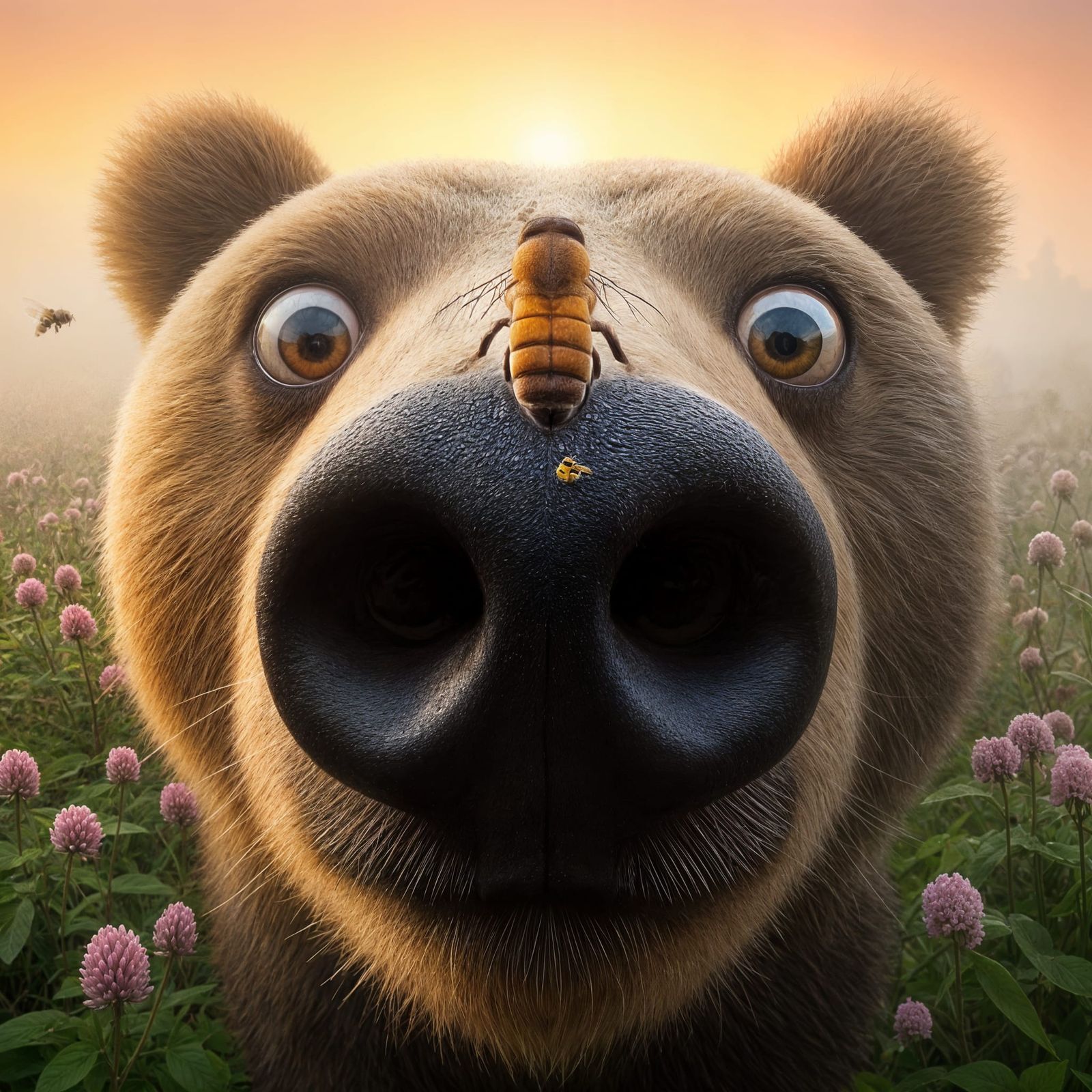 Surprised Bear with Bee: Close-up Portrait