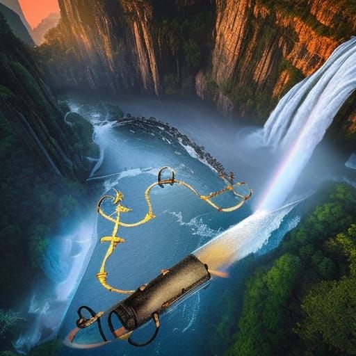 Air Castle Flying Over Waterfall at Sunset