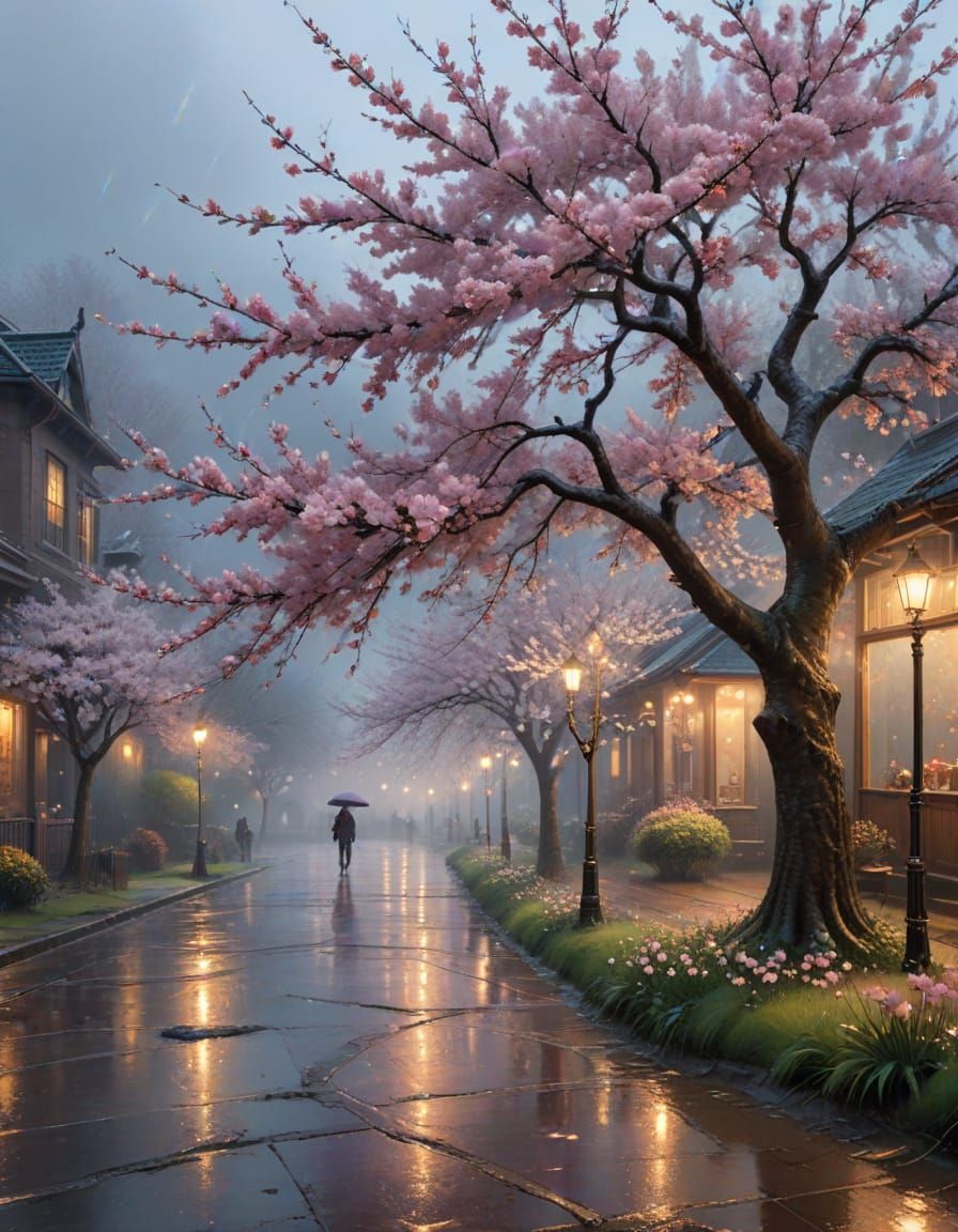 Ethereal Cherry Blossoms Falling in Evening Rain
