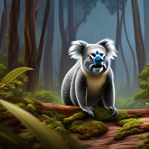 Koala Portrait in Eucalyptus Forest, Detailed Matte Painting