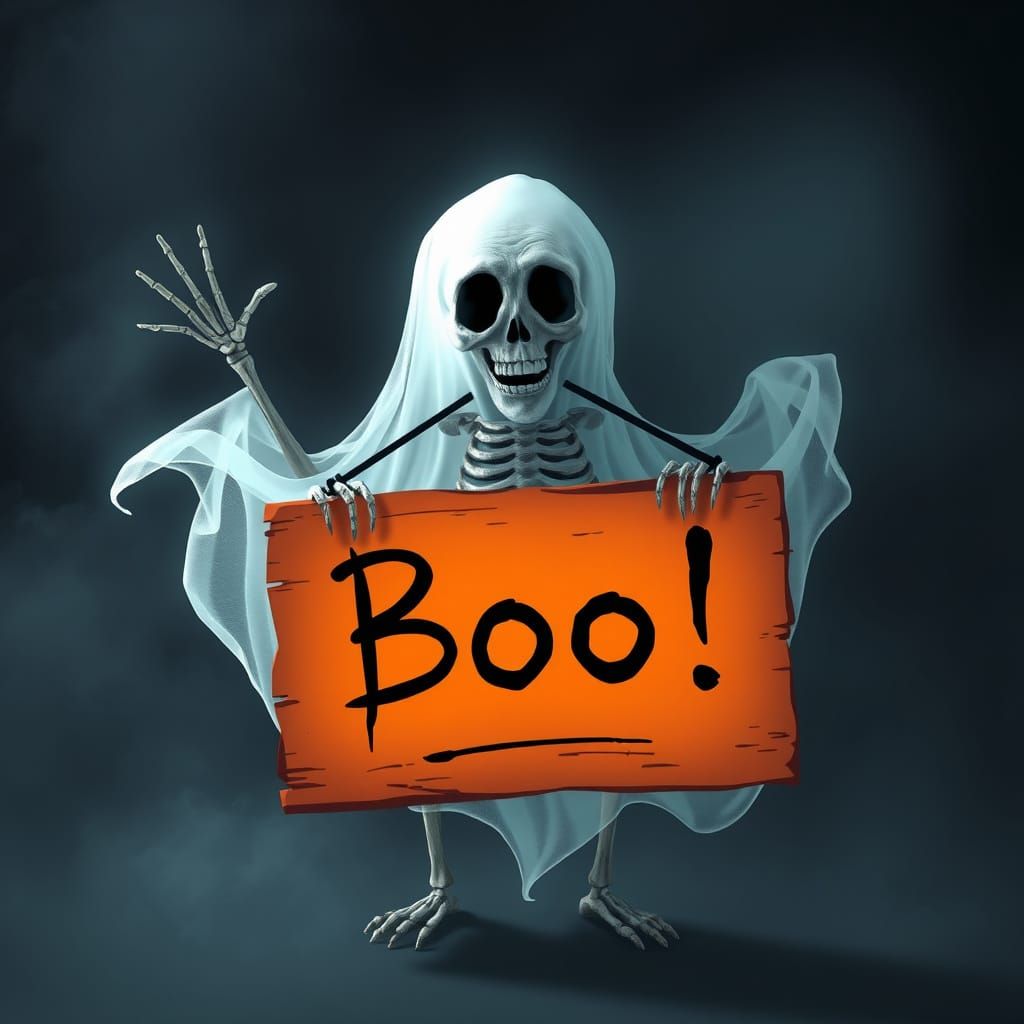 Scary Ghost with Sign: "Boo!"