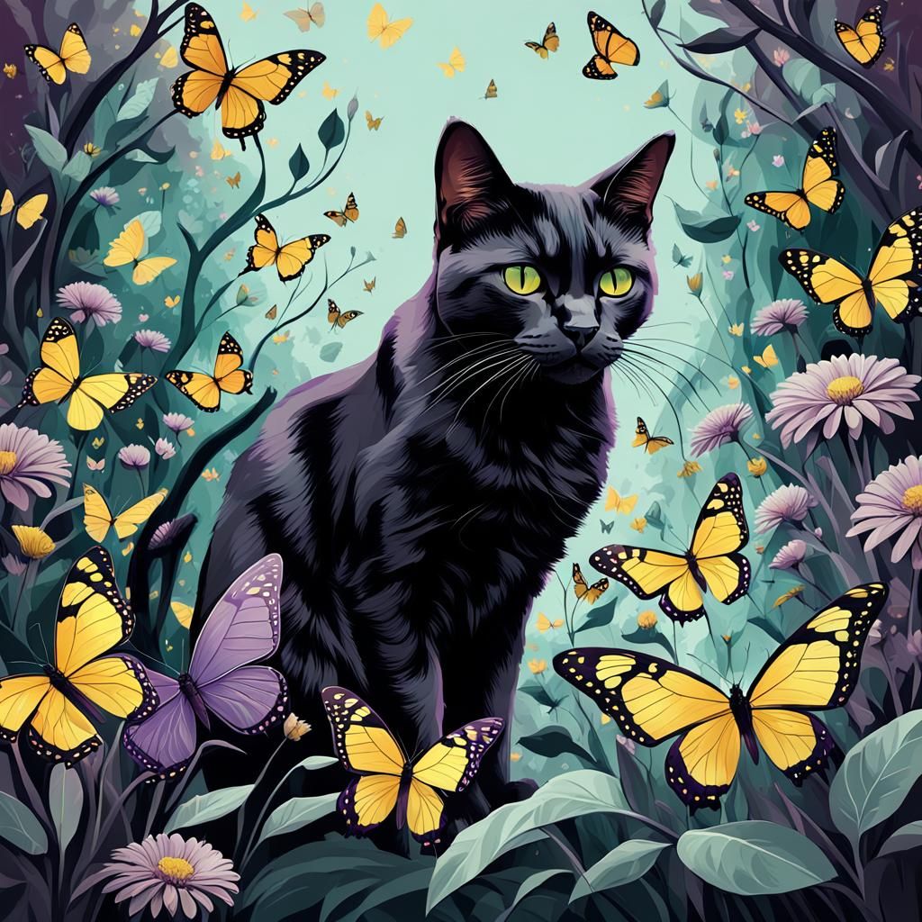 Black Cat with Butterflies in Pastel Colors