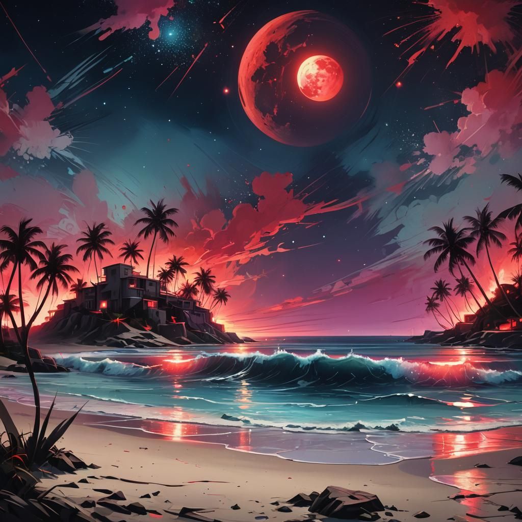 Red Glowing Ocean at Night in Graffiti Art Style