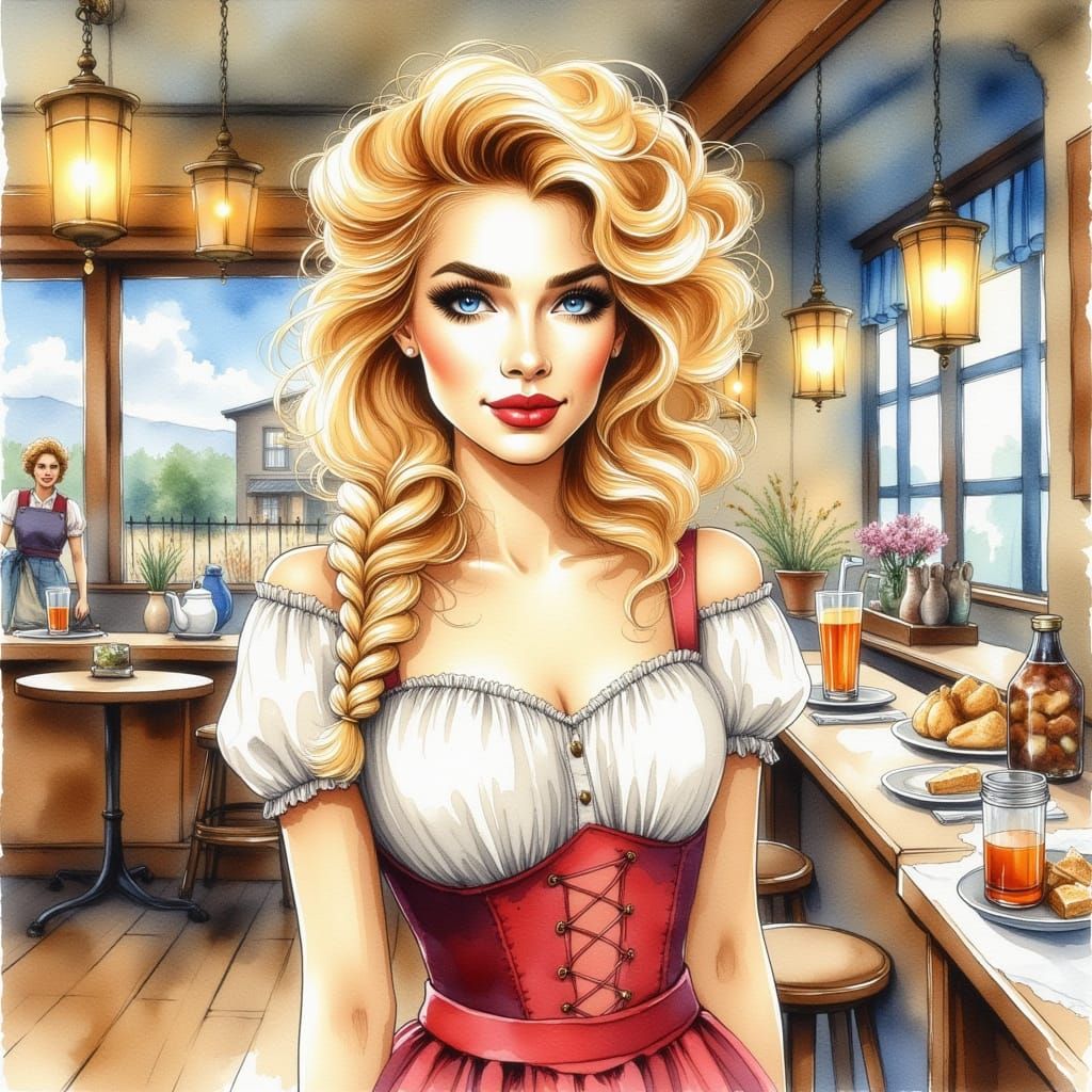 Beautiful Blond Waitress in Impressionistic Watercolor Style