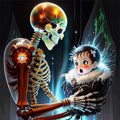 Luminous Ghost with Skeleton Baby in Watercolor Style