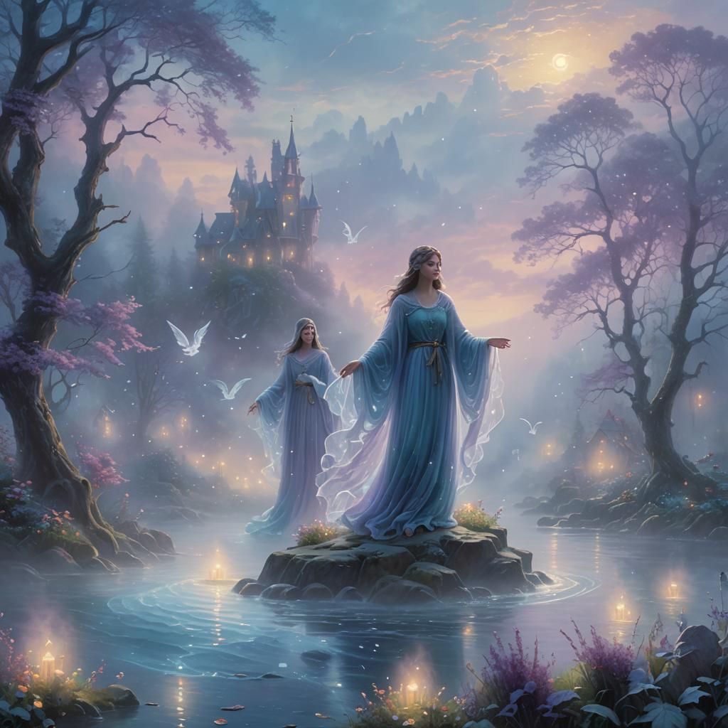 Ethereal Fantasy: Ghostly Figures in Misty Dawn