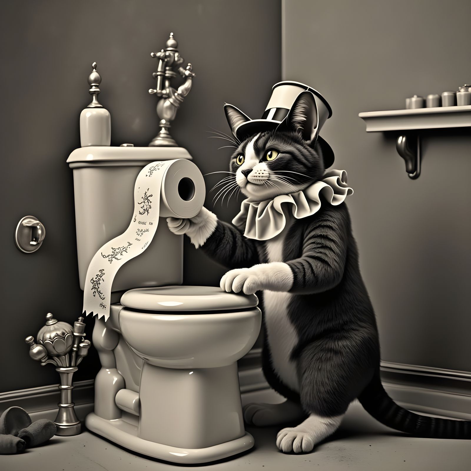 Surreal Cat Unrolls Toilet Paper, Cartoon Style