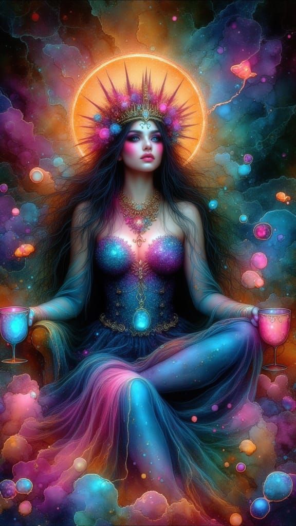 Queen of Cups in Neon Grunge Style