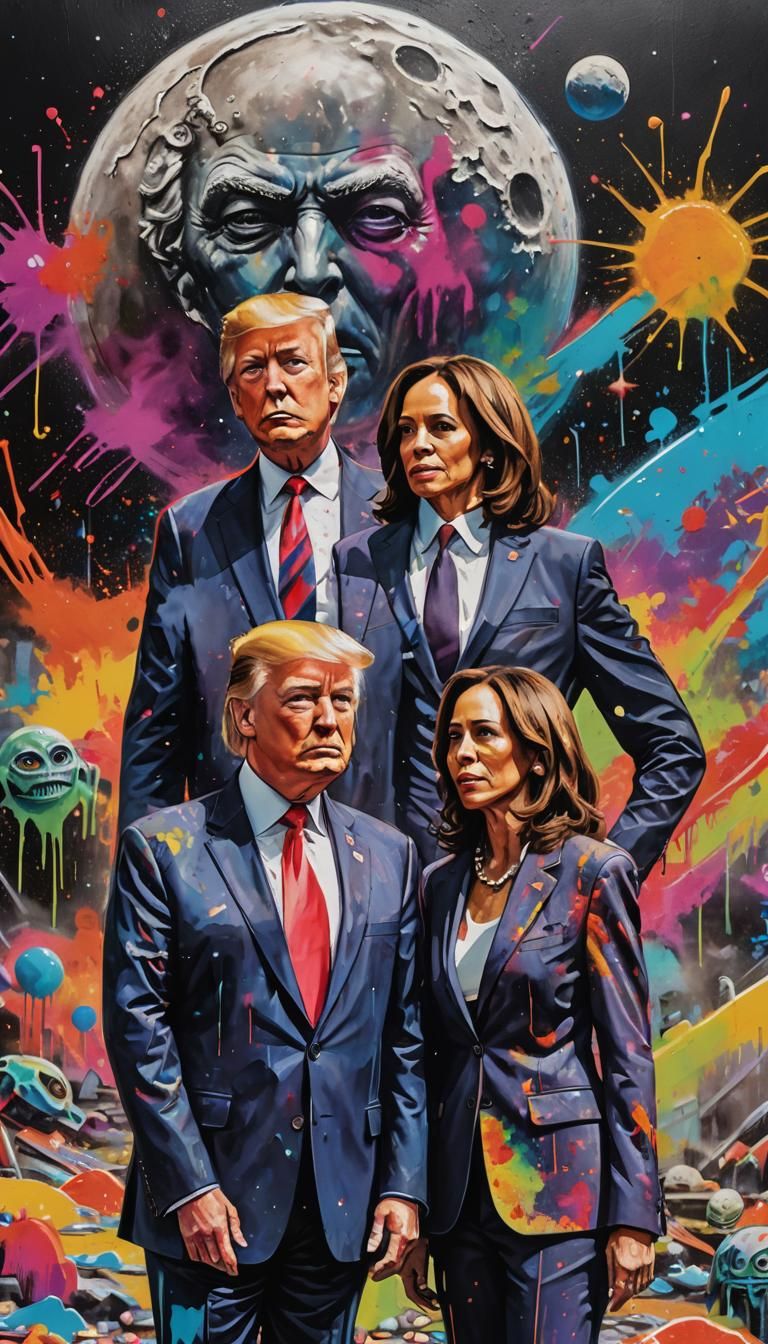 Trump and Harris on the Moon in Graffiti Art