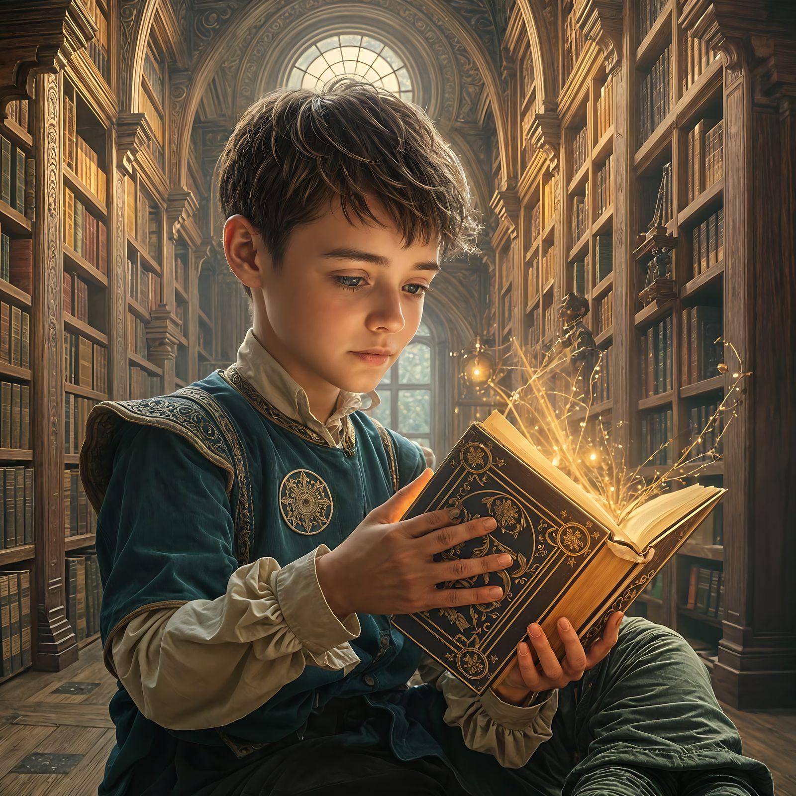 Whimsical Boy in Enchanted Library
