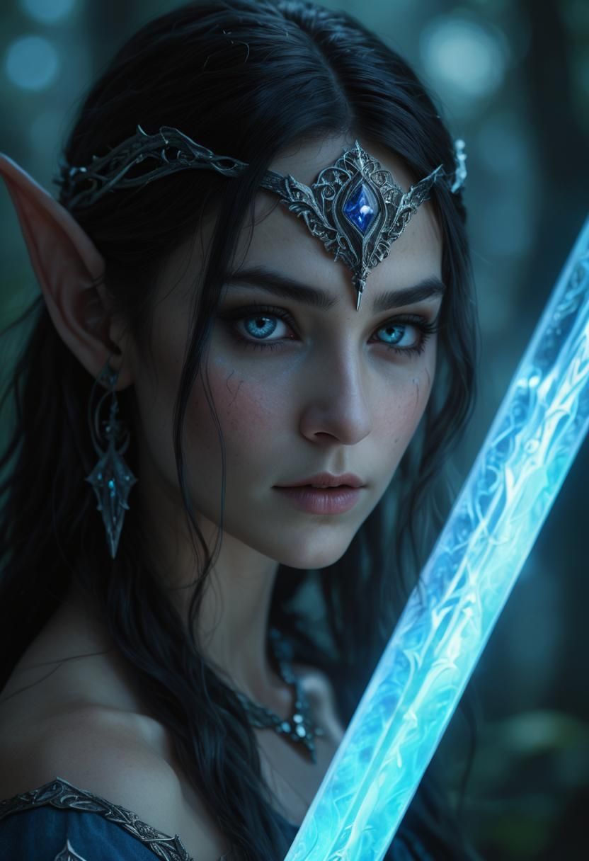 Elven Woman with Magic Sword in Photorealistic Style