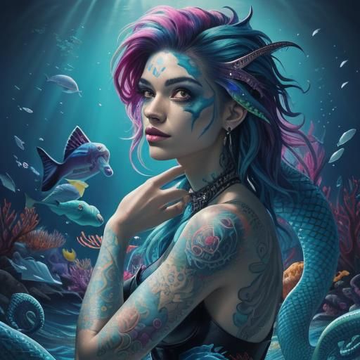 Beautiful Punk little mermaid 
Coloured tattoos 
Punk backgr...