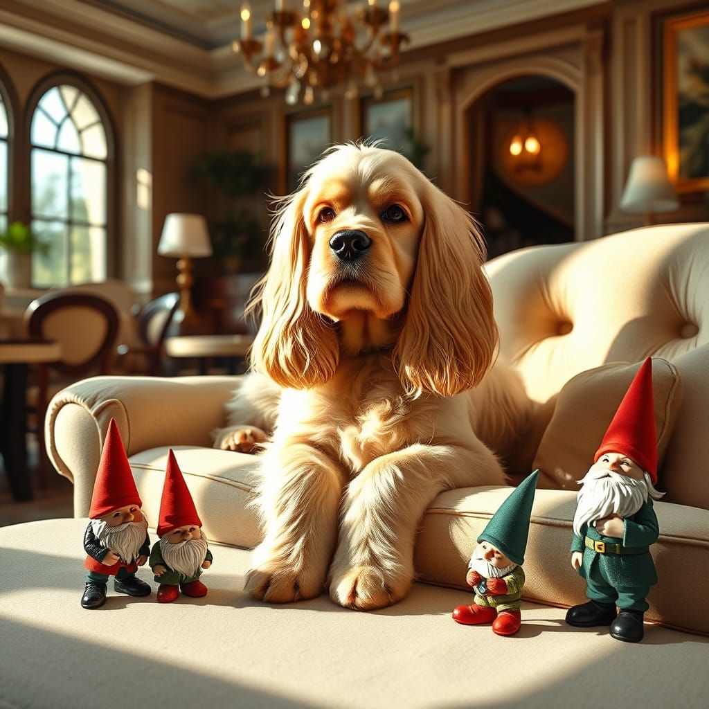 Cocker Spaniel and Gnomes in Elegant Living Room