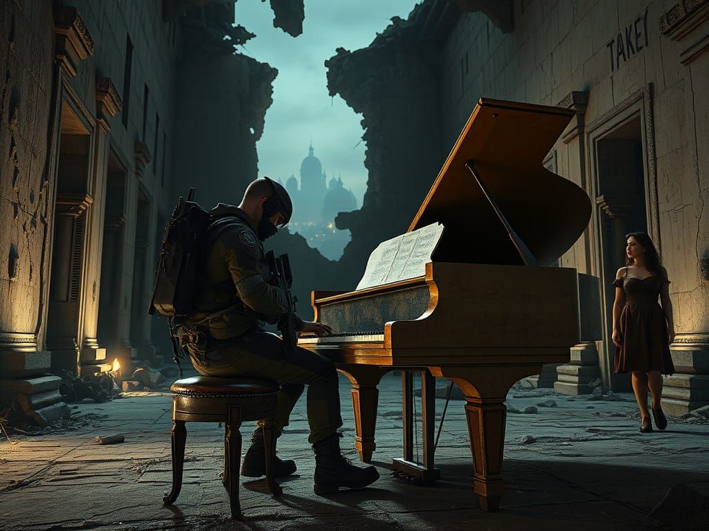 Soldier Plays Piano in Ruined Temple at Night, Sci-Fi Style