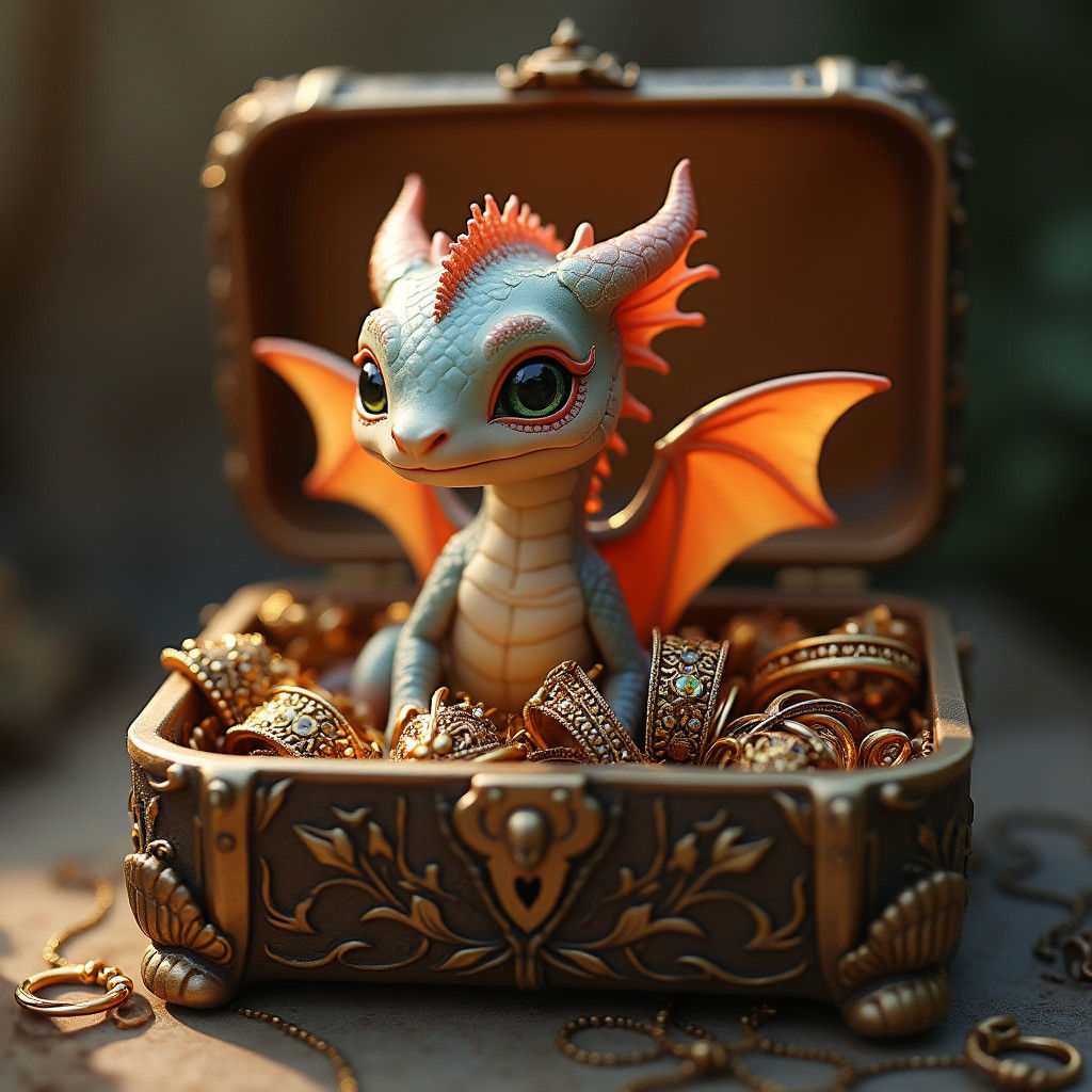 Adorable Baby Dragon in Bronze Jewelry Box