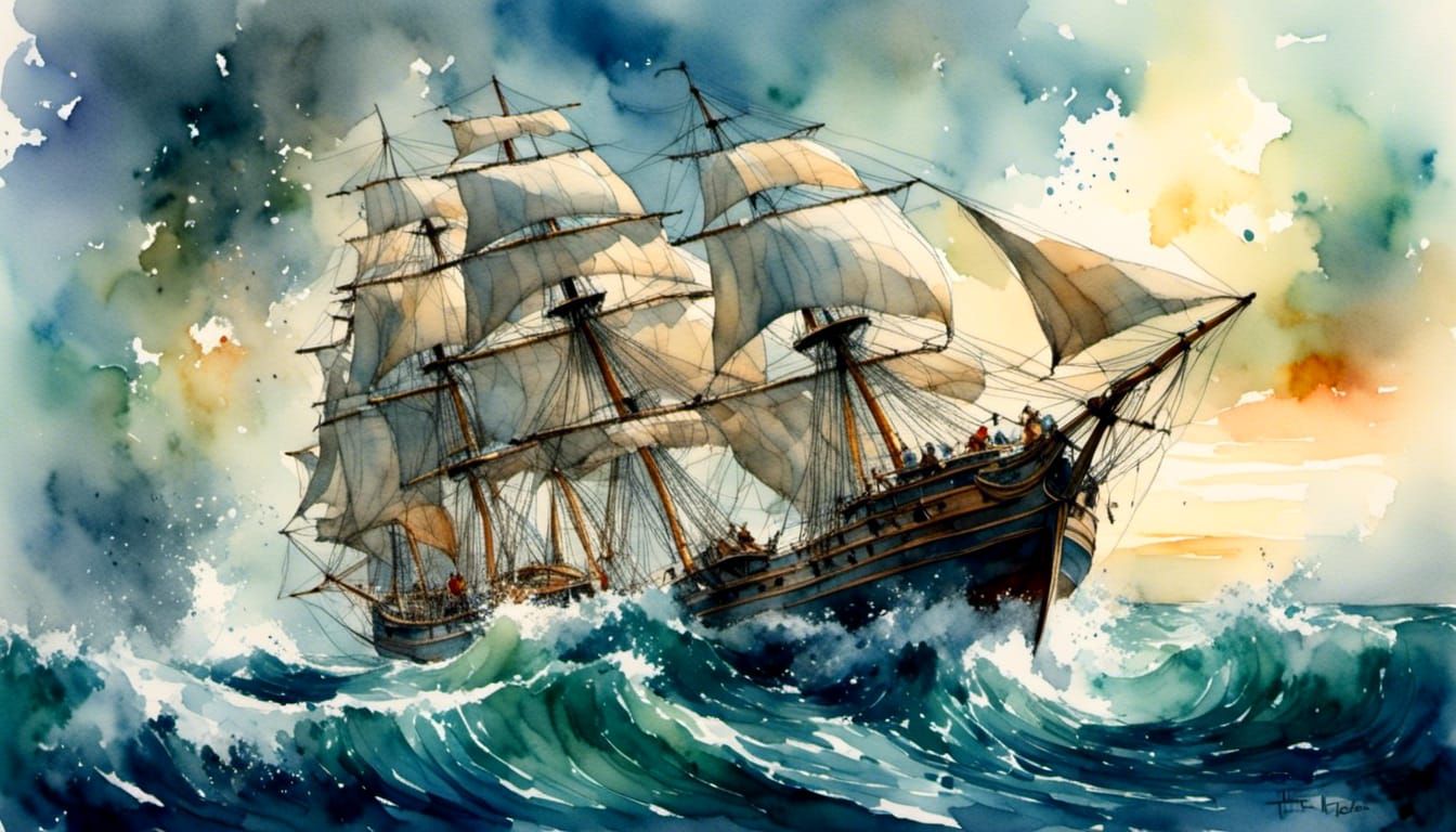 Sailing Ship on Stormy Seas in Watercolor Style