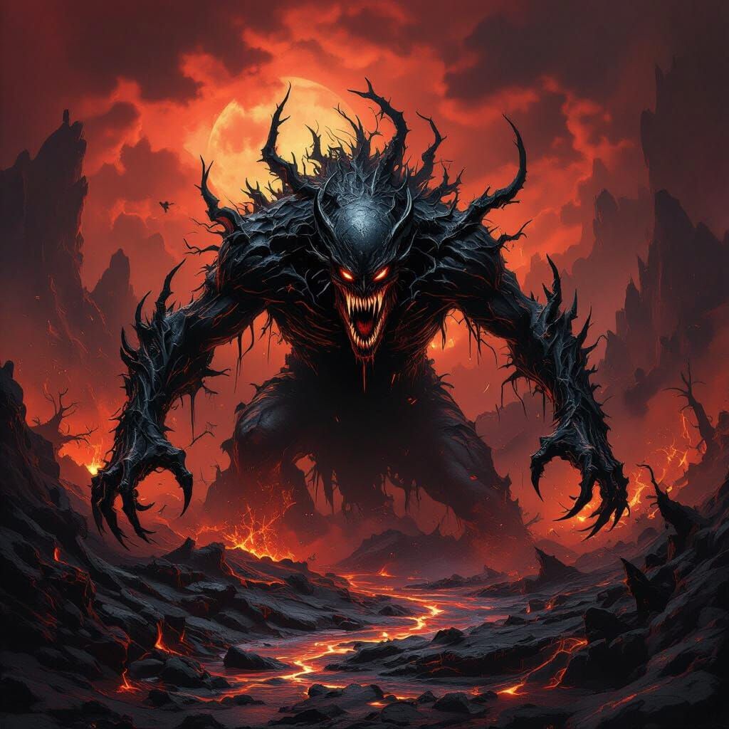 Hellish Shadow Entity in Infernal Landscape - Dark Fantasy A...