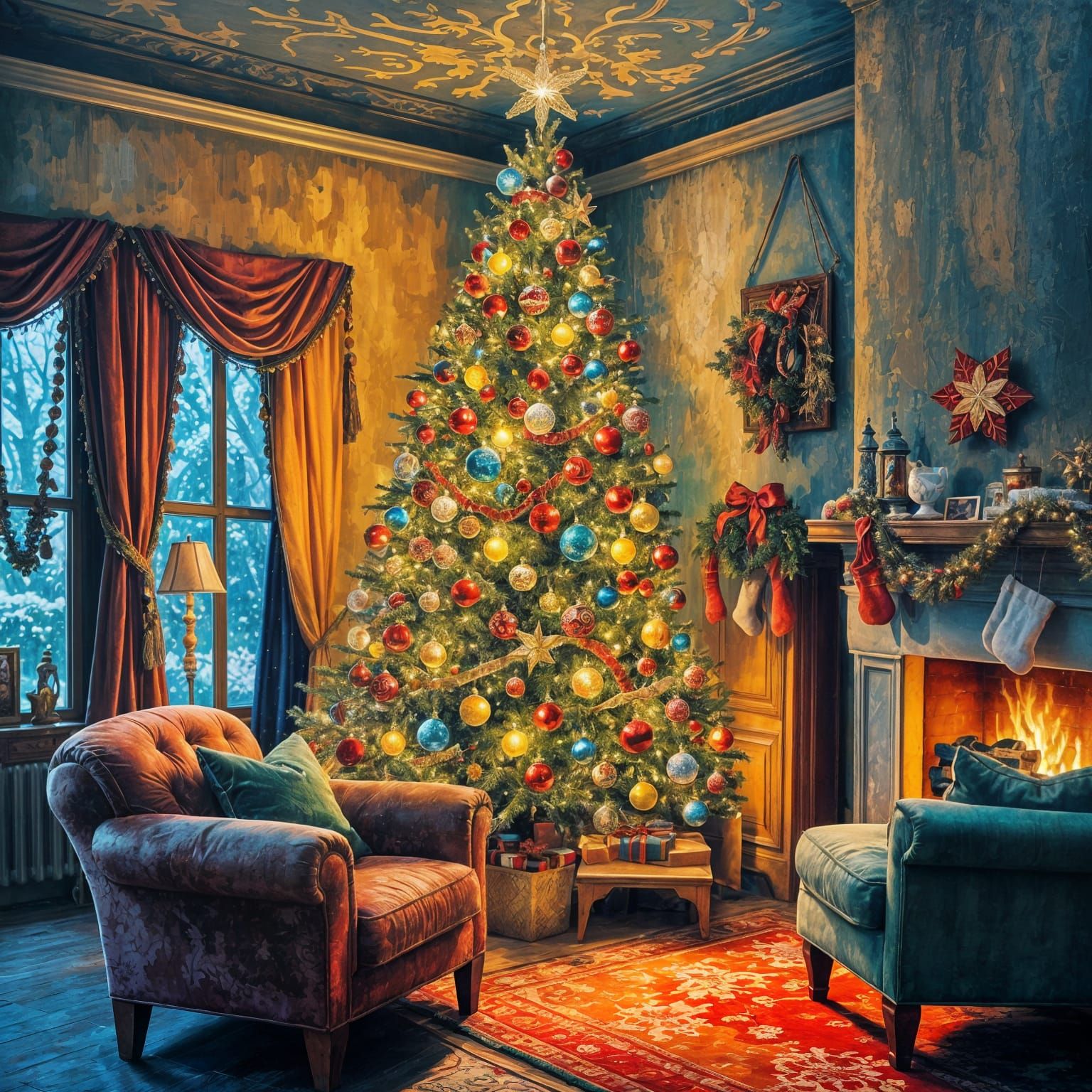 Traditional Christmas Tree in Vibrant Impasto Style