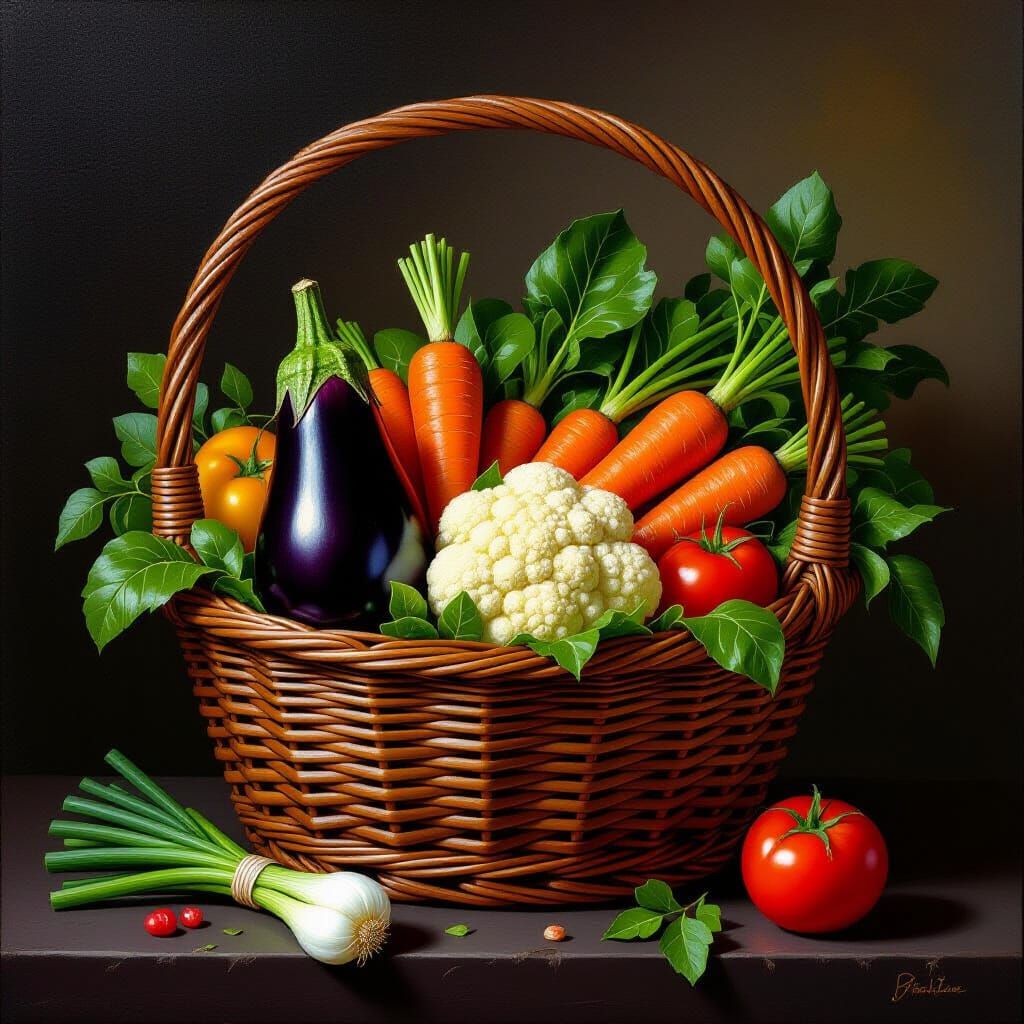 Bountiful Harvest Basket Oil Painting in Dutch Golden Age St...