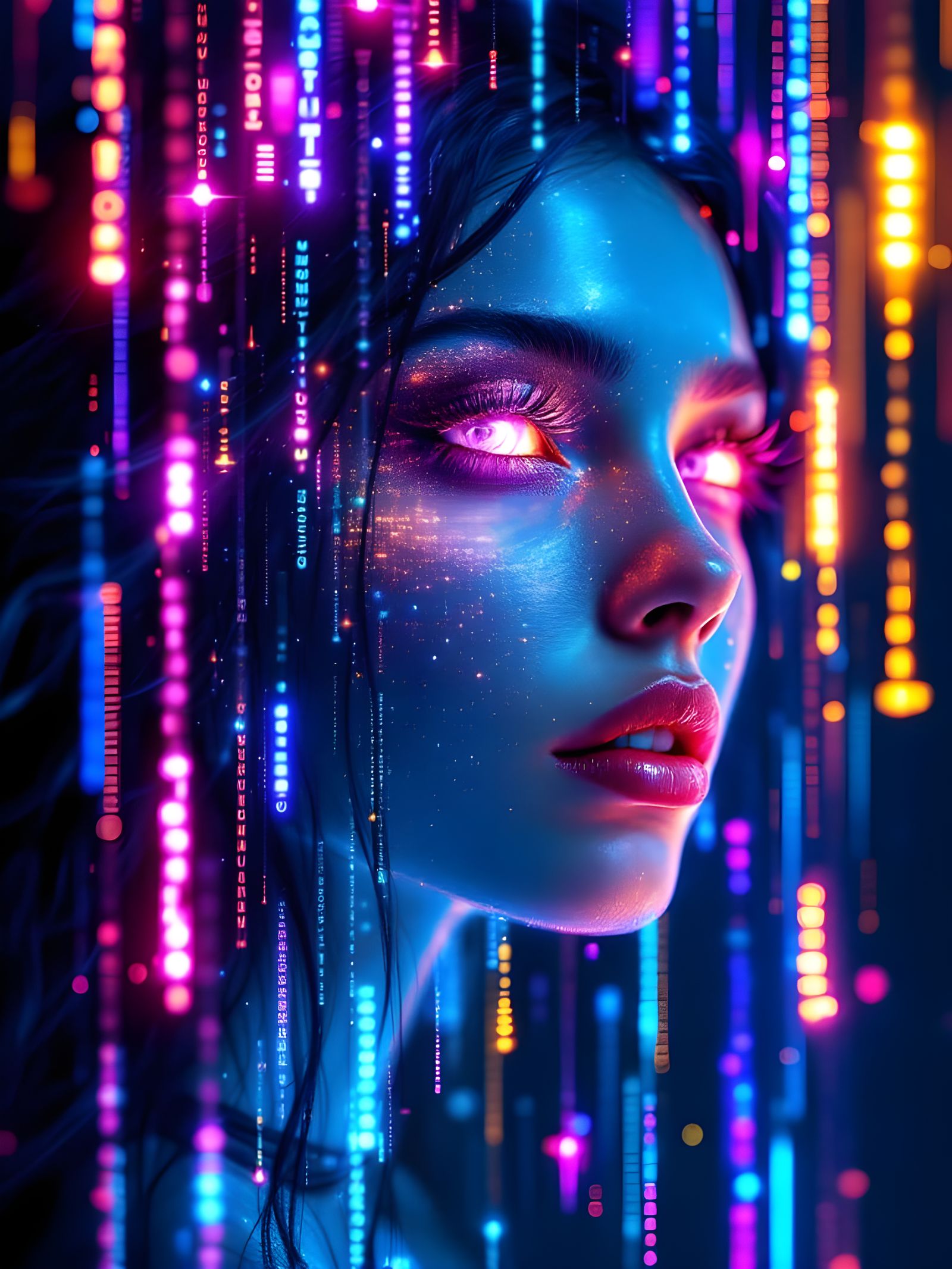 Visual data stream
ASCII characters falling
Matrix effect
Data Face Holographic
3D Holograph
Intricately detailed and ...