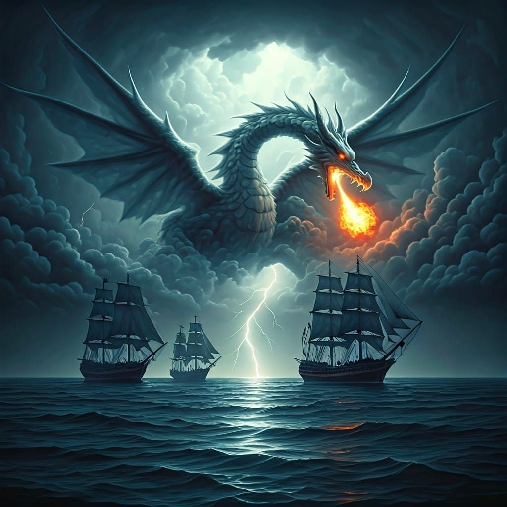 Dragon Mist Attacks Pirate Fleet in Dreamy Art Style