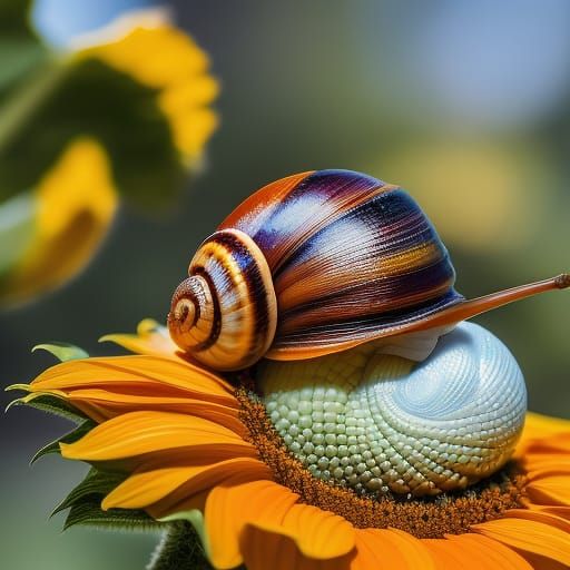 Colorful Snail on Sunflower: Photorealistic Close-Up