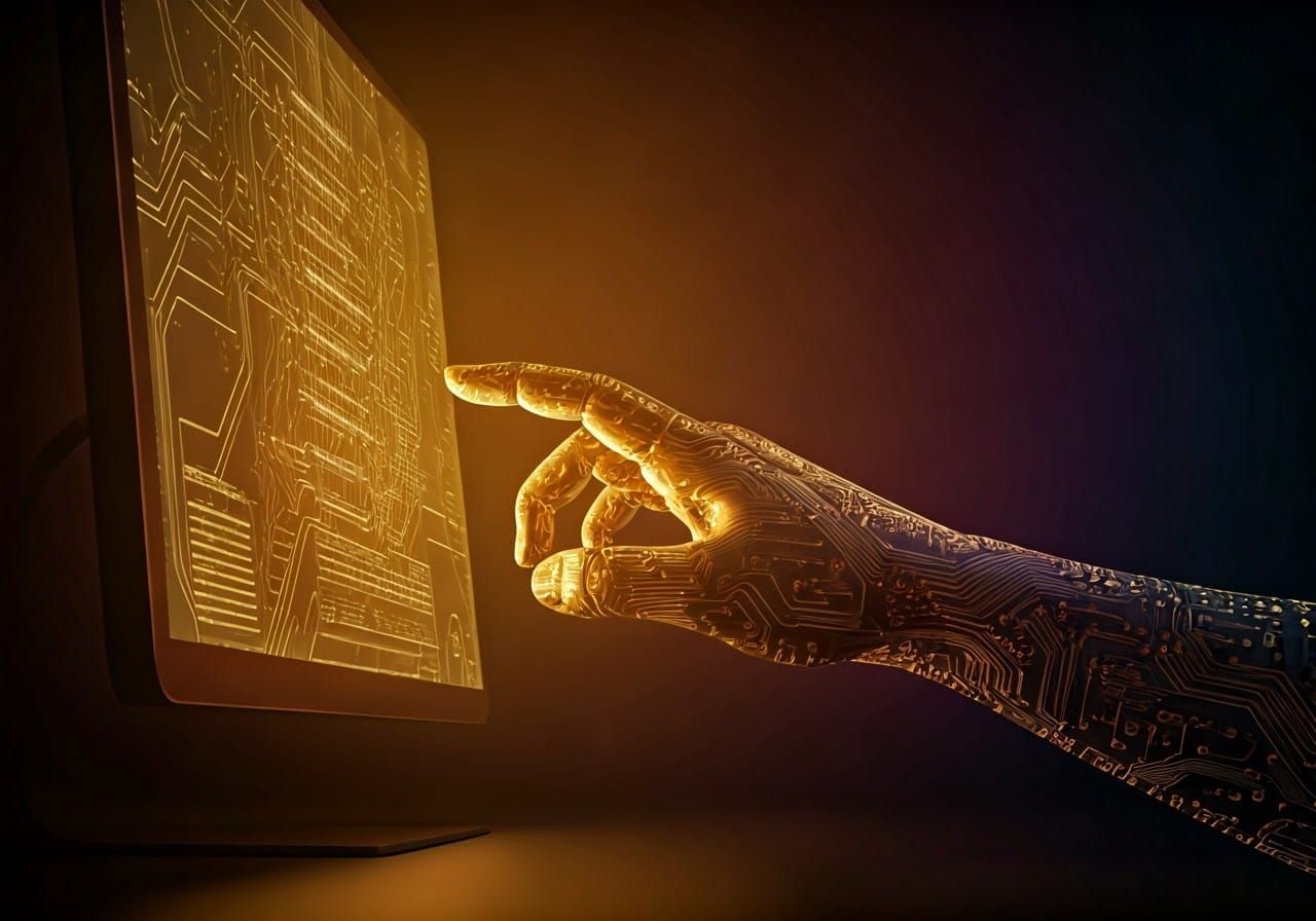 Cyberpunk macro close up of a human hand inset with gold cir...