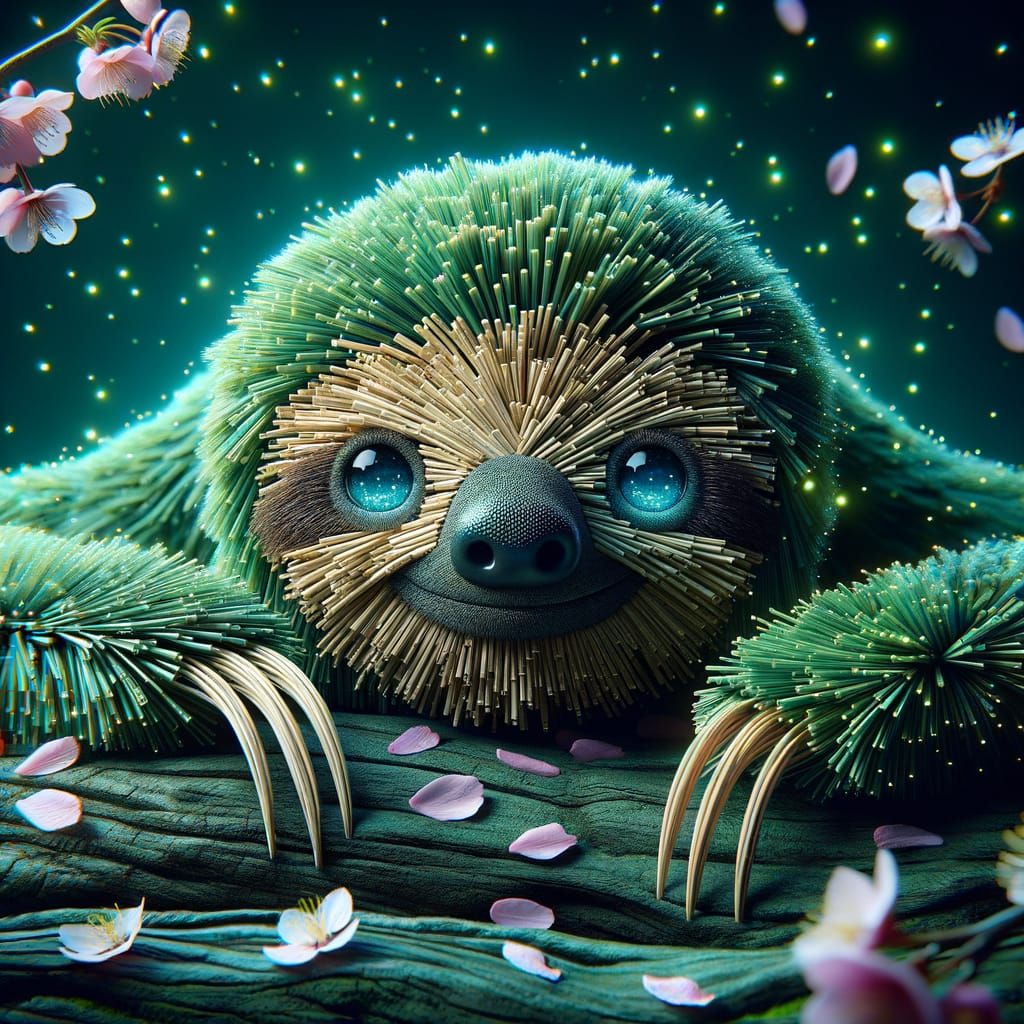 Enchanting Straw Sloth with Fireflies and Sakura